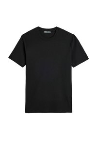 Sort kortærmet T-shirt lavet af bomuld, med en rund halsudskæring og en ensfarvet tekstur. Ingen synlige mønstre eller dekorationer.