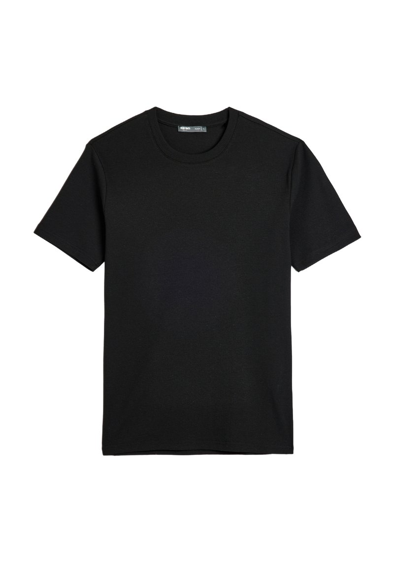 Sort kortærmet T-shirt lavet af bomuld, med en rund halsudskæring og en ensfarvet tekstur. Ingen synlige mønstre eller dekorationer.