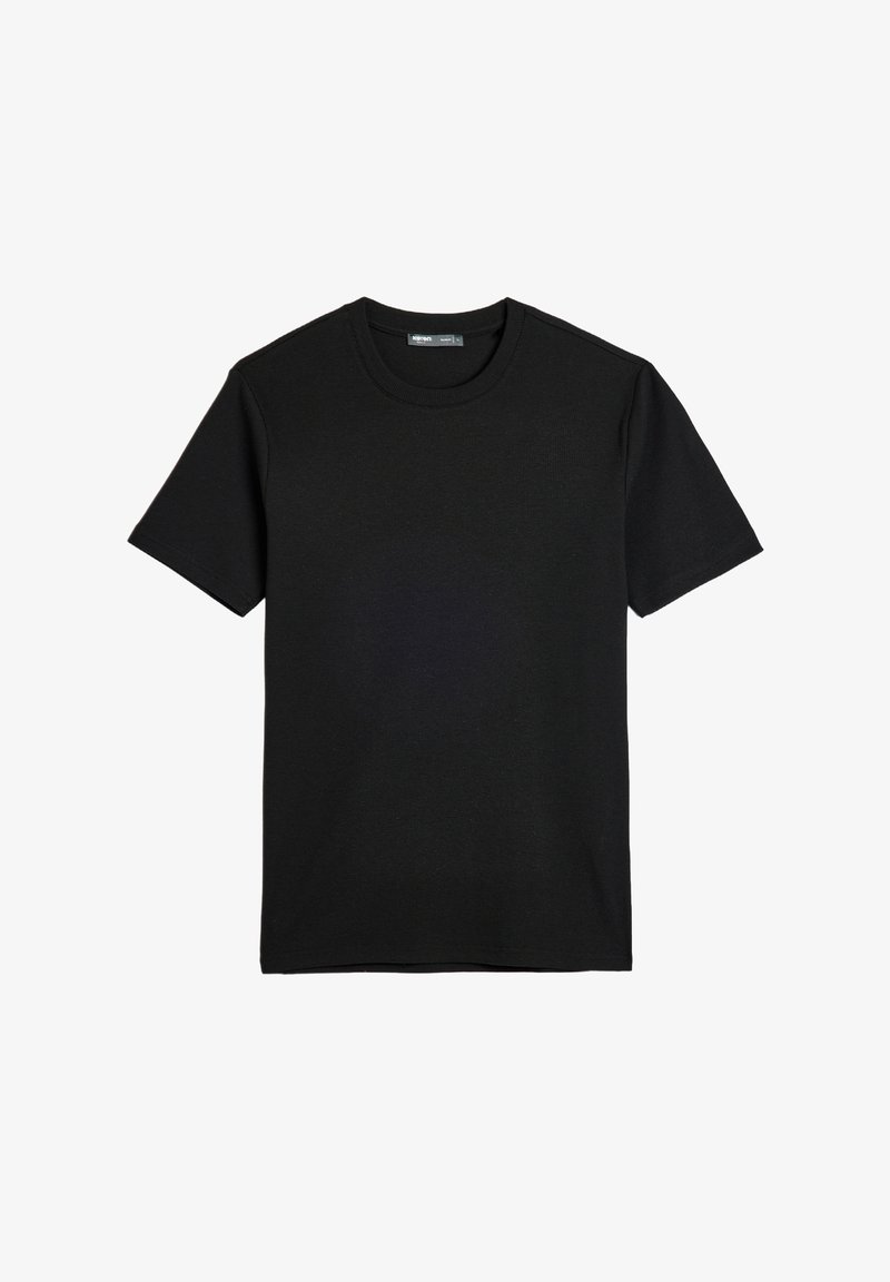 Sort kortærmet T-shirt lavet af bomuld, med en rund halsudskæring og en ensfarvet tekstur. Ingen synlige mønstre eller dekorationer.