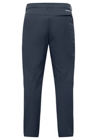 Marineblaue Outdoor-Hosen aus synthetischem Gewebe, mit einer Reißverschlusstasche und schmal zulaufendem Bein-Design, glatte Textur ohne Muster.