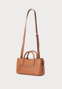 Brown leather handbag with double handles and a detachable shoulder strap. Features a front zip pocket and a structured design.