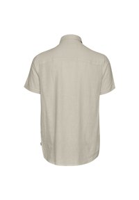 Beige kortærmet skjorte lavet af linned. Har en traditionel krave, en lige ryg og en let buet kant.