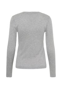 Pull en maille gris clair à manches longues avec un col rond, présenté de dos sur un fond blanc.