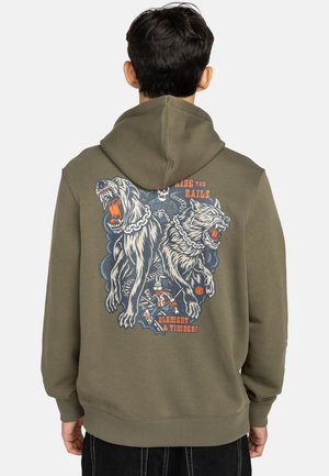 Olive green hoodie featuring a large graphic on the back of two fierce wolves, a skeleton, and the text "Ride the Rails." Soft texture.