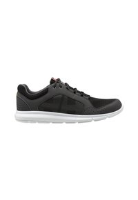 Scarpe da ginnastica nere con tomaia in rete, design con lacci, accenti perforati e suola in gomma bianca. Forma aerodinamica e superficie testurizzata.