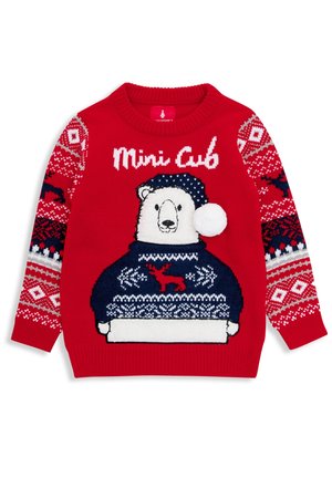 Rød børnesweater med teksten "Mini Cub", med en hvid bjørn iført blå sweater og hue med pompon, samt mønstrede ærmer med rensdyrmotiver.
