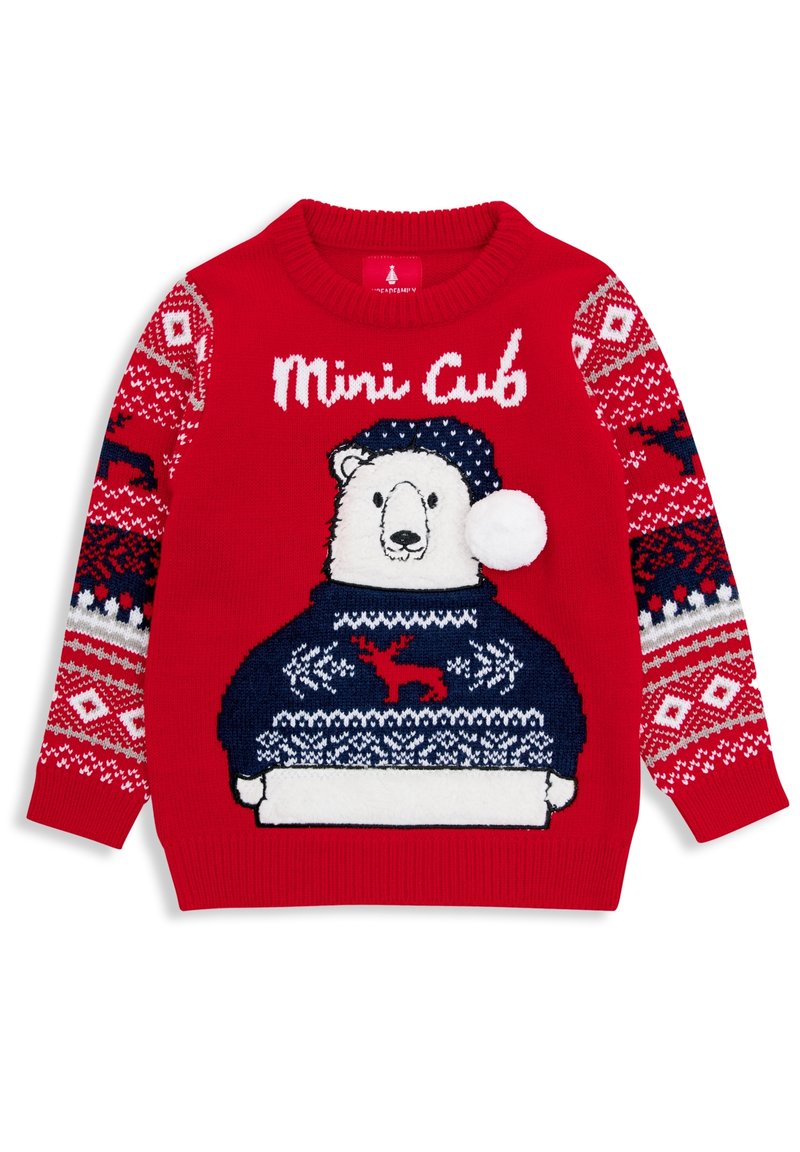Pull rouge pour enfant avec le texte "Mini Cub", présentant un ours blanc vêtu d'un pull bleu et d'un bonnet à pompon, et des manches à motifs de rennes.
