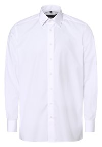 Witte lange mouwen button-up shirt, gemaakt van een gladde stof, met een standaard kraag, knopen aan de voorkant en details van enkele manchetten.