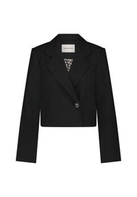Zwarte cropped blazer met een geknipt kraag, lange mouwen, een sluiting met één knop en een gestreepte binnenvoering. Soepele textuur.