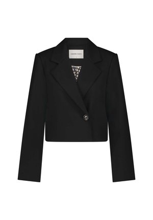 Zwarte cropped blazer met een geknipt kraag, lange mouwen, een sluiting met één knop en een gestreepte binnenvoering. Soepele textuur.