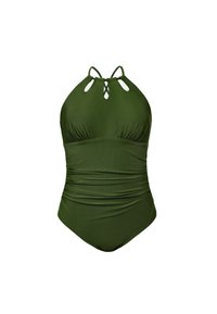 Costume da bagno intero verde oliva con scollo a halter e design a tracolla incrociata. Presenta arricciature in vita per modellare e sostenere.