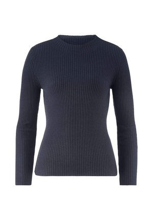 Donkerblauwe, geribbelde trui met lange mouwen, ronde halslijn, aangesloten pasvorm en verticale breistructuur.