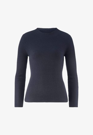 Maglione a maniche lunghe color blu navy scuro a coste, con scollatura tonda, silhouette aderente e trama a maglia verticale.