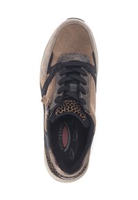 Brown suede sneaker with black accents; textured and smooth materials; leopard print interior; lace-up design; cushioned insole visible.
