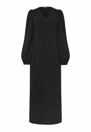 Zwarte midi-jurk met lange mouwen, pofschouders, V-hals en een getailleerde taille, weergegeven op een witte achtergrond.