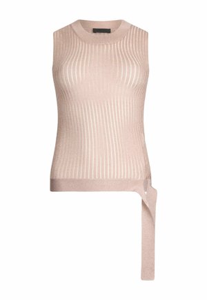 Light pink sleeveless top with vertical ribbed pattern, round neckline, and an asymmetrical hem featuring a tied accent on one side.