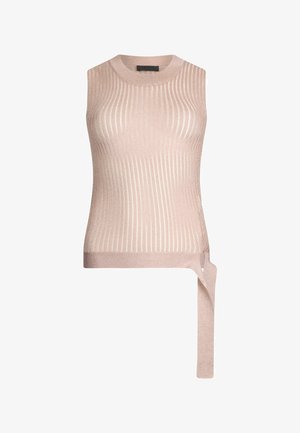 Débardeur rose clair sans manches avec un motif à côtes verticales, un col rond et un ourlet asymétrique avec un accent noué d'un côté.