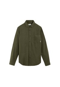 Camisa de manga larga verde hecha de tela texturizada, con cierre de botones en la parte delantera, un bolsillo en el pecho y un diseño de cuello clásico.