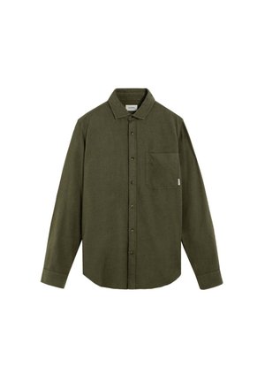 Green long-sleeve shirt made of textured fabric, featuring a button-up front, a single chest pocket, and a classic collar design.