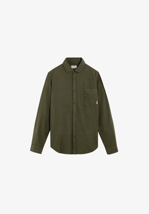Green long-sleeve shirt made of textured fabric, featuring a button-up front, a single chest pocket, and a classic collar design.