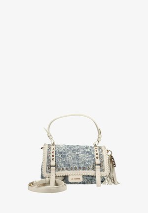 Kleine handtas met lichtgrijs-wit patroon, witte leren riemen, metalen oogjes, kwastje en afneembare schouderriem.