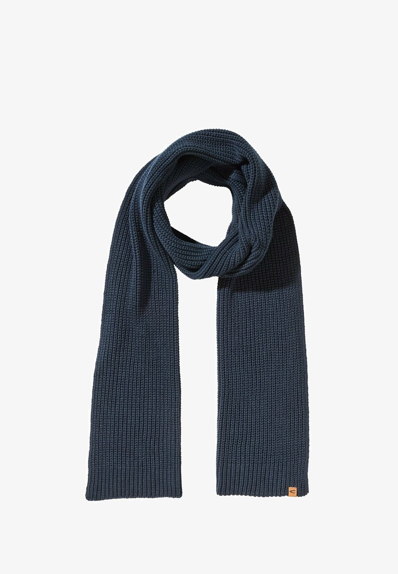 Marineblå strikket tørklæde med ribbet struktur, der har en rektangulær form og et lille mærketag i den ene ende.