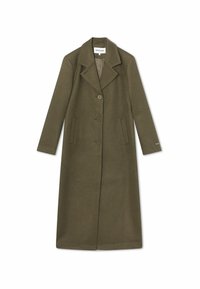 Long olive green wool coat with a collar, three front buttons, and two side pockets. Features a straight cut and minimalistic design.