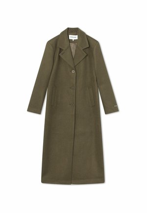 Long olive green wool coat with a collar, three front buttons, and two side pockets. Features a straight cut and minimalistic design.