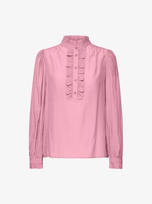 Rosa Langarmbluse mit hohem Kragen, mit einer gerafften Frontleiste und Knopfverschluss. Weicher Stoff mit gerafften Ärmelbündchen.