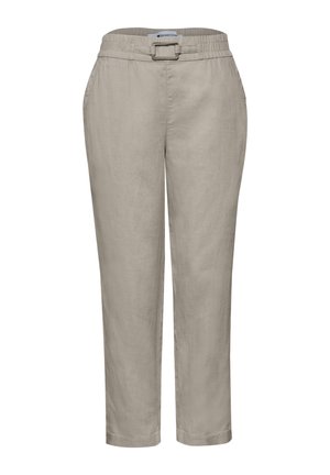 Beige højtaljede hørbukser med bæltespænde, elastik i taljen og lige ben.