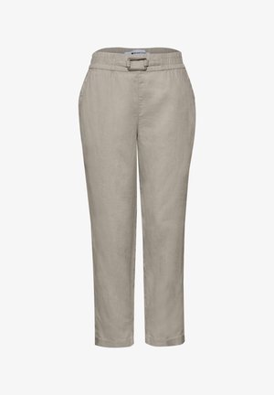Beige linnen broek met hoge taille, riemgesp, elastische tailleband en rechte pijpen.