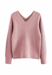Rosa gerippter Pullover mit tiefem V-Ausschnitt, langen Ärmeln und lockerer Passform. Die Textur ist weich und gestrickt und zeigt vertikale Linien.