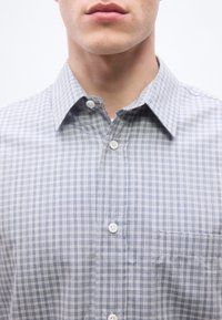 Άνδρας που φοράει πουκάμισο με κουμπιά σε ανοιχτό γκρι και λευκό καρό με μυτερό γιακά, φωτογραφημένος από τον λαιμό μέχρι το μέσο του στήθους.