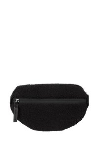 Marsupio in pelliccia sintetica nera con forma arrotondata ed esterno testurizzato. Presenta una chiusura con cerniera nera e una piccola linguetta in tessuto.