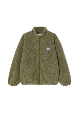 Olijfgroene fleece jacket met een ritssluiting aan de voorkant, staande kraag en elastische manchetten. Heeft een klein blauw en geel logo-opdruk op de borst.