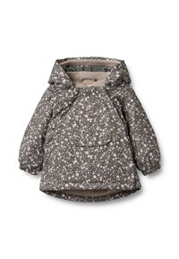 Tikkitakki tummanharmaana, jossa pinkin ja valkoisen kukkakuvio, huppu, joustavat hihansuut ja etutasku.