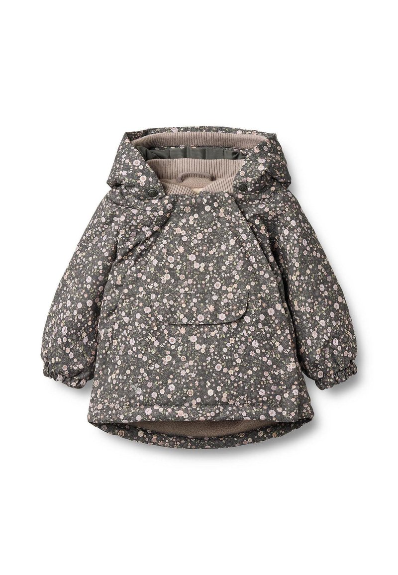 Tikkitakki tummanharmaana, jossa pinkin ja valkoisen kukkakuvio, huppu, joustavat hihansuut ja etutasku.