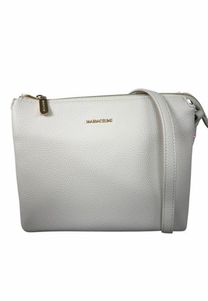 Borsa a tracolla in pelle bianca testurizzata con cerniera dorata e piccolo logo dorato centrato sul davanti.