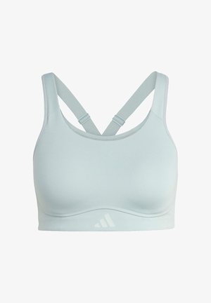 Reggiseno sportivo azzurro chiaro con design senza cuciture, spalline incrociate regolabili e dettaglio logo in basso a destra. Tessuto liscio.