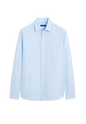 Lichtblauwe lange mouwen shirt met knopen en een kraag, gemaakt van gladde stof, met een rechte zoom en vijf knopen.