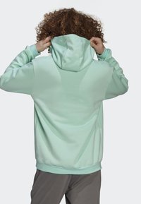 Mintgroene hoodie met een trekkoord in de capuchon, zachte textuur, ribgebreide manchetten en zoom, gezien van achteren. Gekoord met een grijze broek.