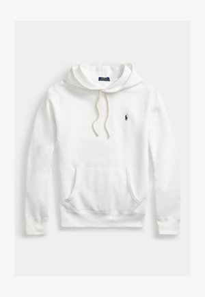 Vit bomullshoodie med en känguruficka, dragsko i huvan och en liten marinblå logga på bröstet. Mjuk textur, avslappnad design.