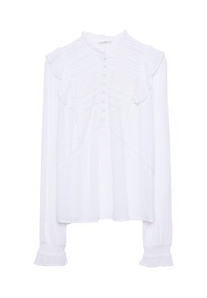 Blouse blanche à manches longues avec col froncé, fermée par des boutons sur le devant, à design plissé avec une texture subtile et des accents de volants aux poignets.