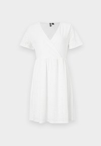 White short-sleeve dress with a wrap design, featuring eyelet detailing, a V-neck, and a flared skirt that falls above the knee.