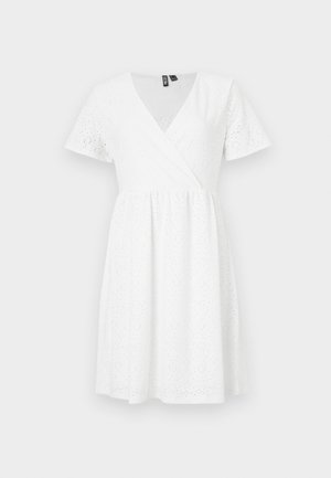 White short-sleeve dress with a wrap design, featuring eyelet detailing, a V-neck, and a flared skirt that falls above the knee.