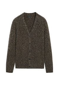 Bruine en zwarte gemarmerde gebreide cardigan met lange mouwen en vijf zwarte knopen aan de voorkant.