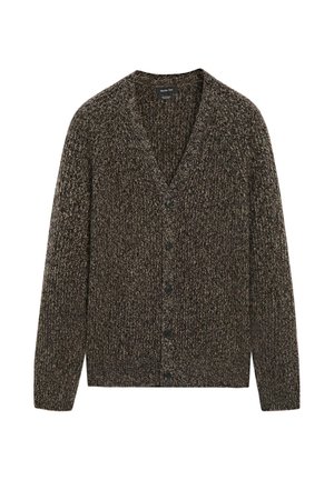 Brown and black marled knit cardigan with long sleeves and five black buttons down the front.