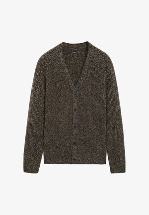Cardigan en maille marbrée brun et noir avec des manches longues et cinq boutons noirs sur le devant.
