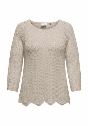 Hellbeige gestrickter Pullover mit Dreiviertelärmeln, der ein strukturiertes Zickzackmuster und einen welligen Saum für zusätzlichen Detailreichtum aufweist.