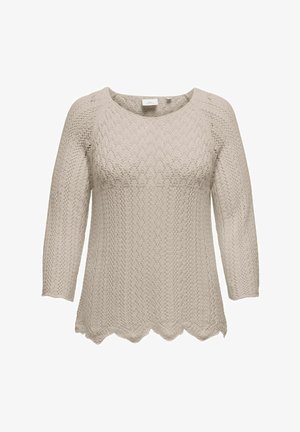 Gaišbeidzs adīts džemperis ar trim ceturtdaļām piedurknēm, ar teksturētu zigzaga rakstu un viļņotu apakšmalu, lai pievienotu detaļas.